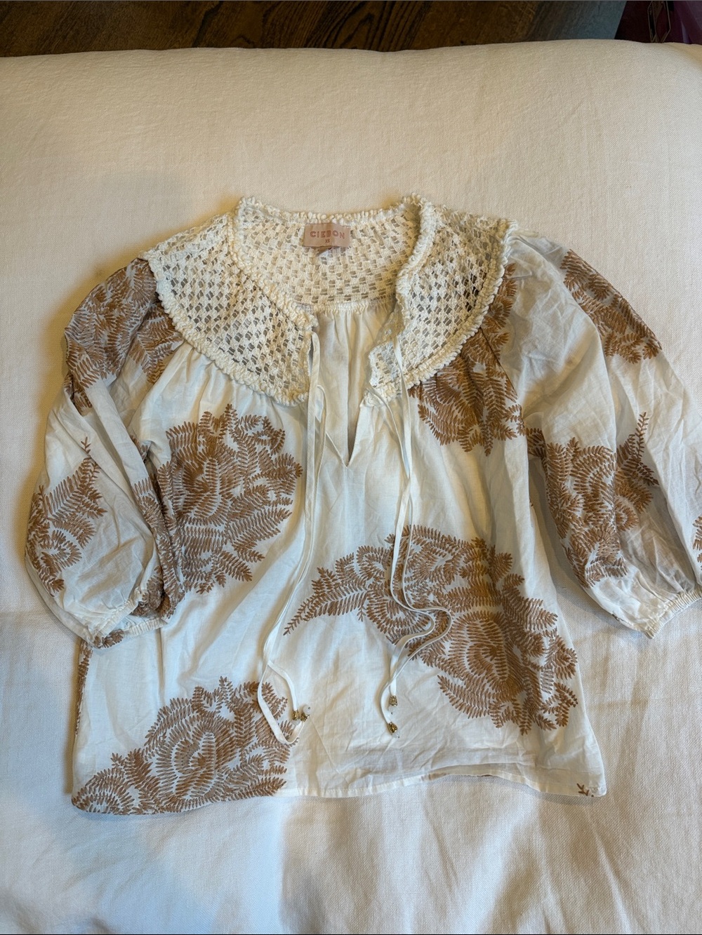Ciebon Cream Boho Top with Brown Fern Embroidery and Crochet Collar - Picture 2 of 7